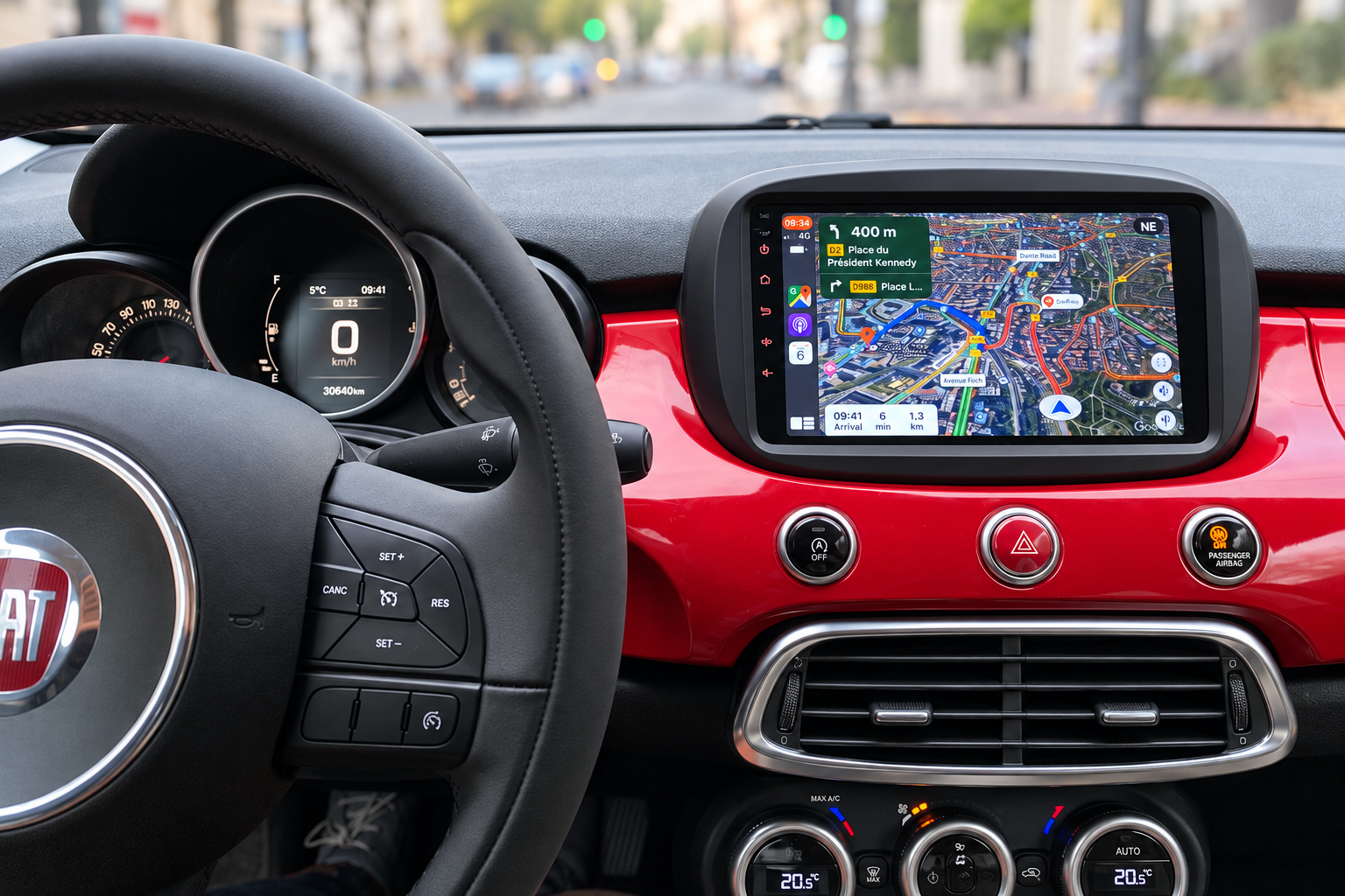 Vehicle-specific head unit installed in a red Fiat dashboard with English navigation display