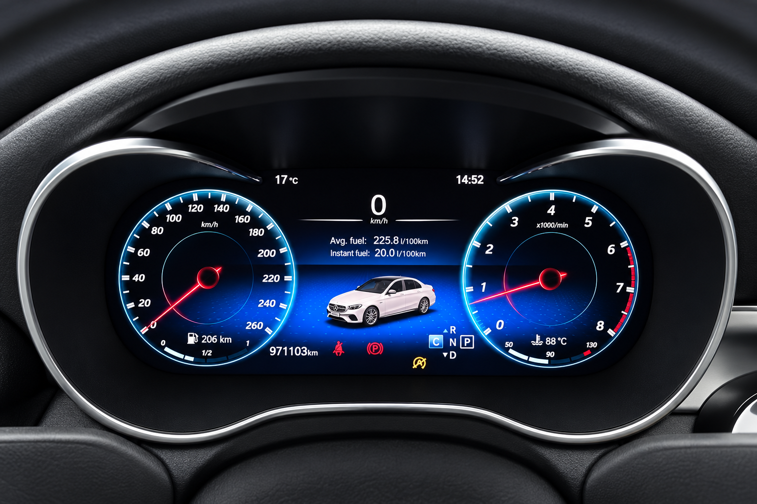 Digital instrument gauge cluster with blue dials and English display labels