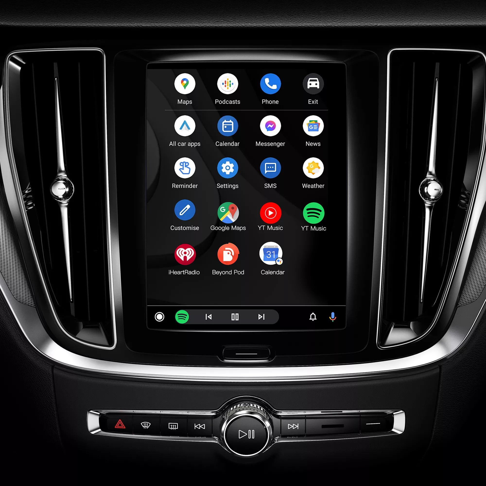 Android Auto apps displayed on a Volvo dashboard screen